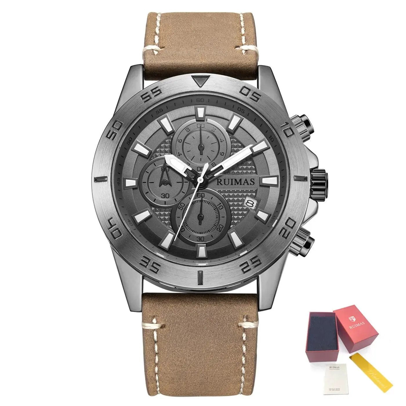 RUIMAS Luxury Brand Mens Watches Quartz Leather Strap Wristwatch Waterproof Clock Sports Large Dial Watch Auto Date Montre Homme 572 by MEGIR WATCH GROUP