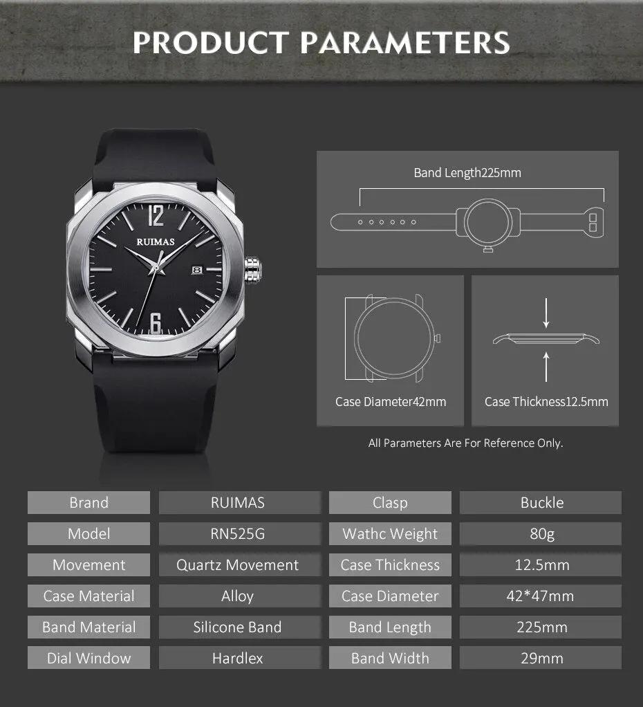 RUIMAS Luxury Silicone Band Quartz Sport Watches for Men Waterproof Calendar Casual Large Dial Wristwatch Clock Montre Homme 525 by MEGIR WATCH GROUP