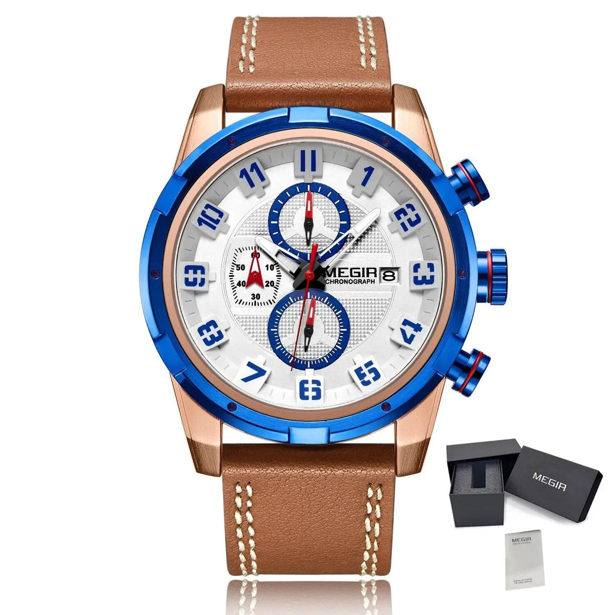 MEGIR Sport Watch for Men Leather Strap Quartz Military Wristwatch with Chronograph Waterproof Calendar Clock Reloj Hombre 2082 by MEGIR WATCH GROUP