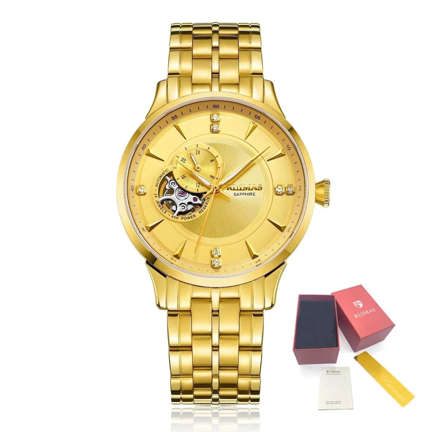 RUIMAS Gold Men Watch Luxury Stainless Steel Automatic Mechanical Watches Sapphire Glass Waterproof Wristwatch Relogio Masculino 6735 by MEGIR WATCH GROUP