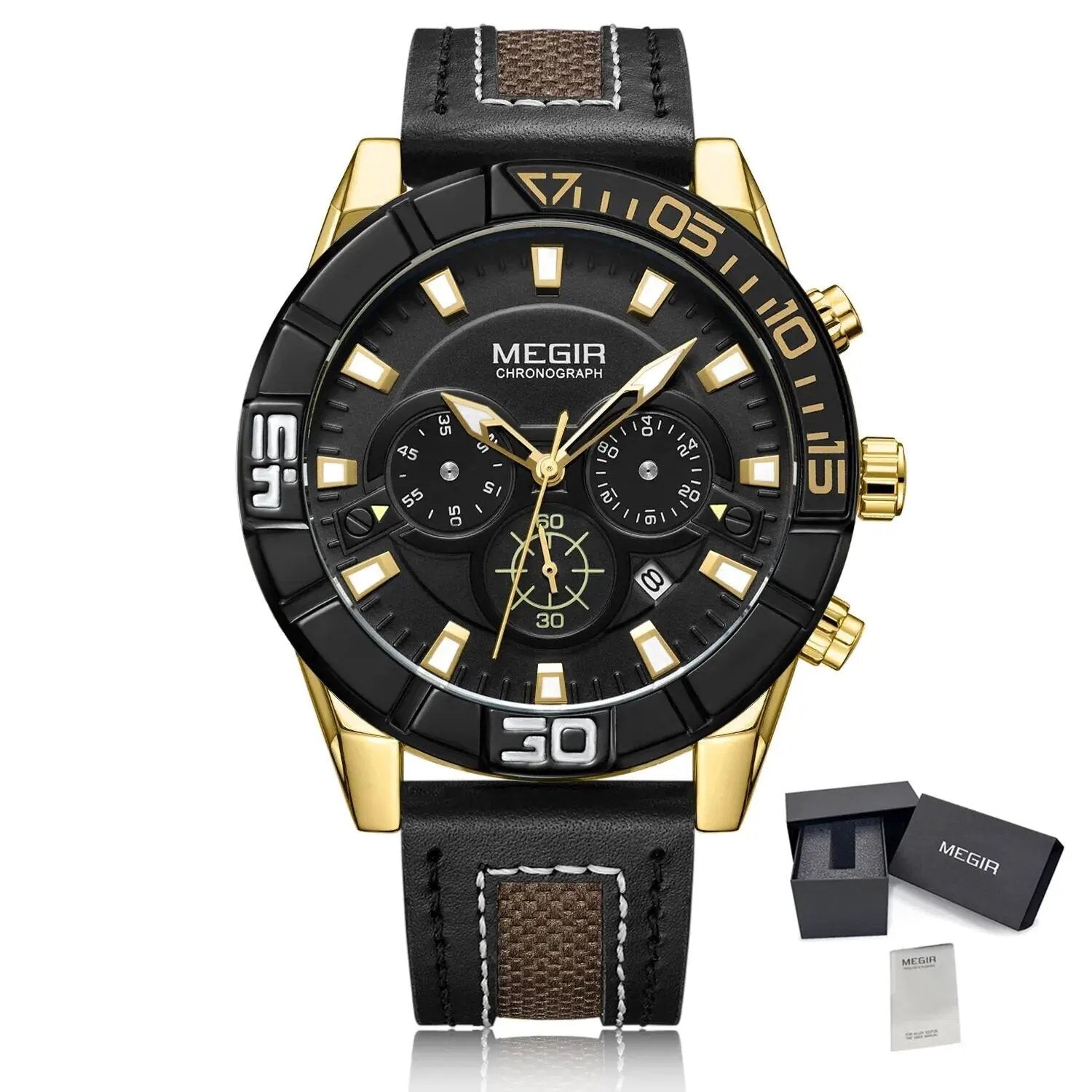 MEGIR Leather Strap Men Watches Fashion Military Sports Chronograph Waterproof Luminous Quartz Wristwatch Clock 24-hour 2066 by MEGIR WATCH GROUP