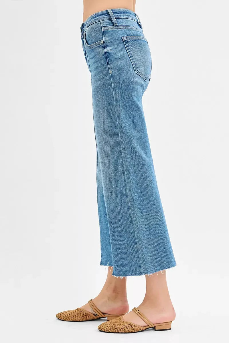 RISEN Tummy Control Mid Rise Crop Wide Front Slit Jeans by RISEN