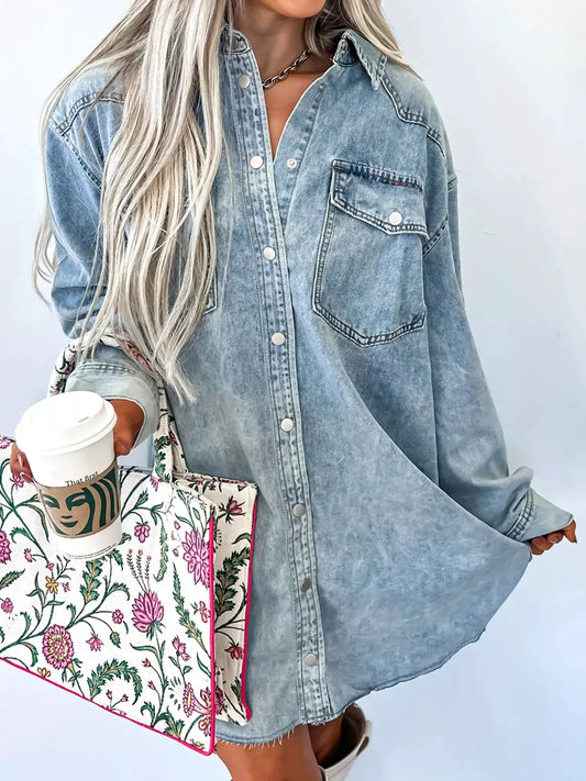 Chest Pocket Raw Hem Denim Loose Shirt Dress by Partner Label