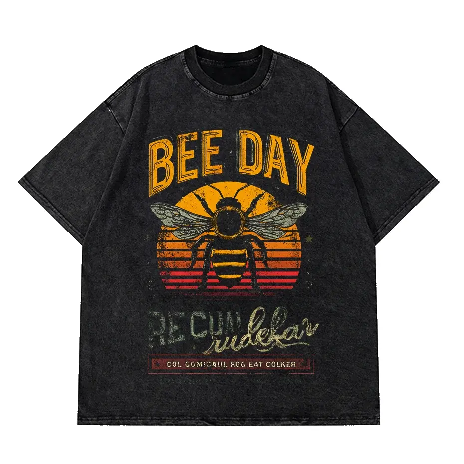 Bees Print Vintage Acid Wash Cotton T-Shirt (Unisex) by Vimost Shop