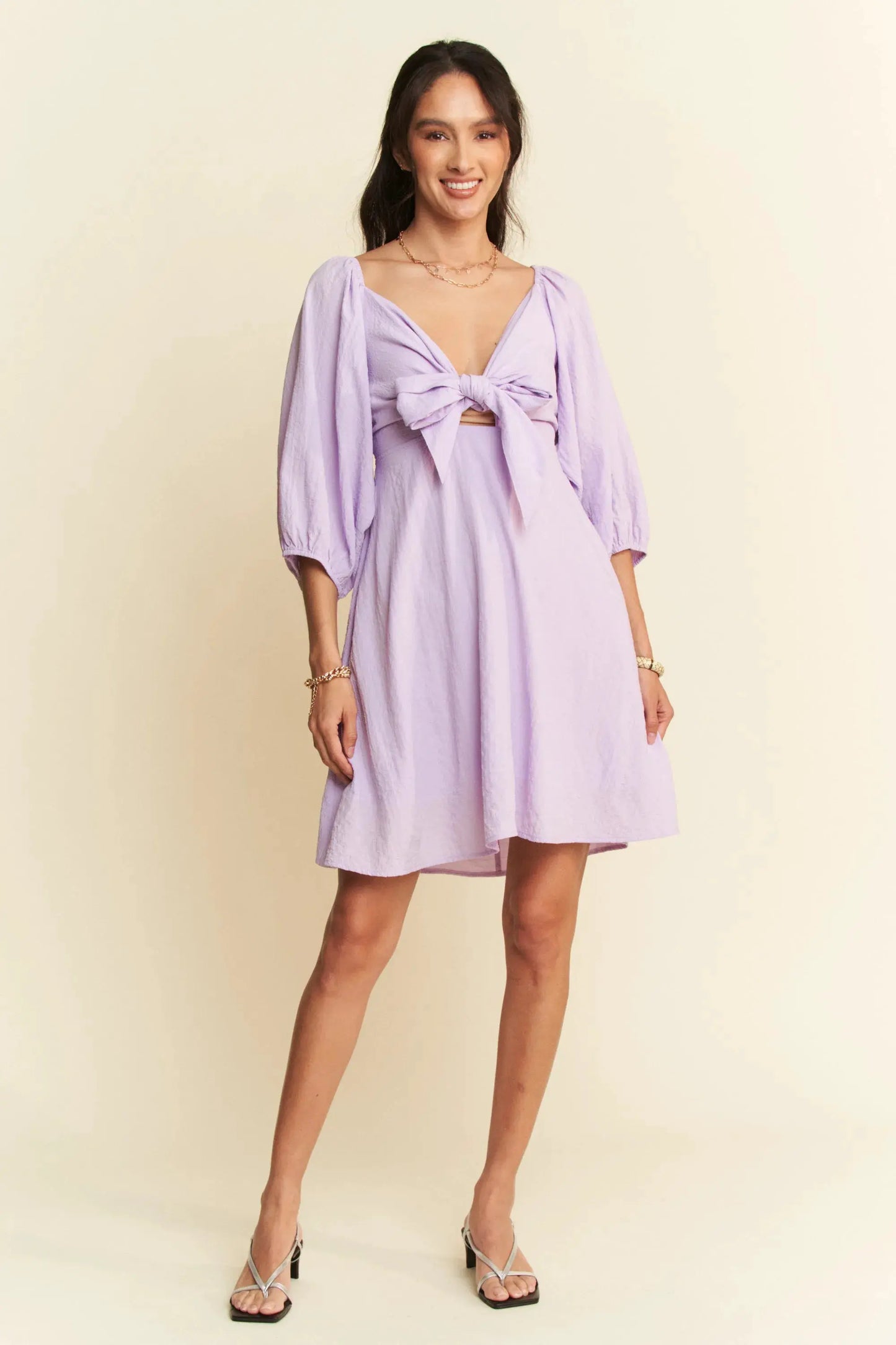 Davi & Dani Self-Tie Puff Sleeve Smocking Open Back Mini Dress by Davi & Dani