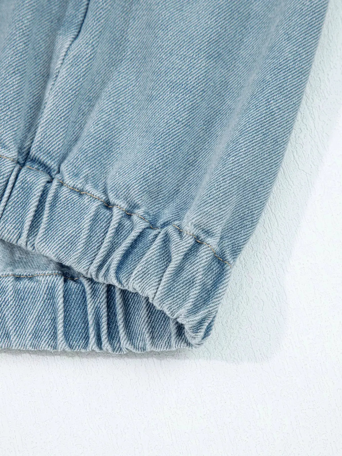 Elastic Edge Collared Zip Up Denim Jacket With Pocket by Partner Label