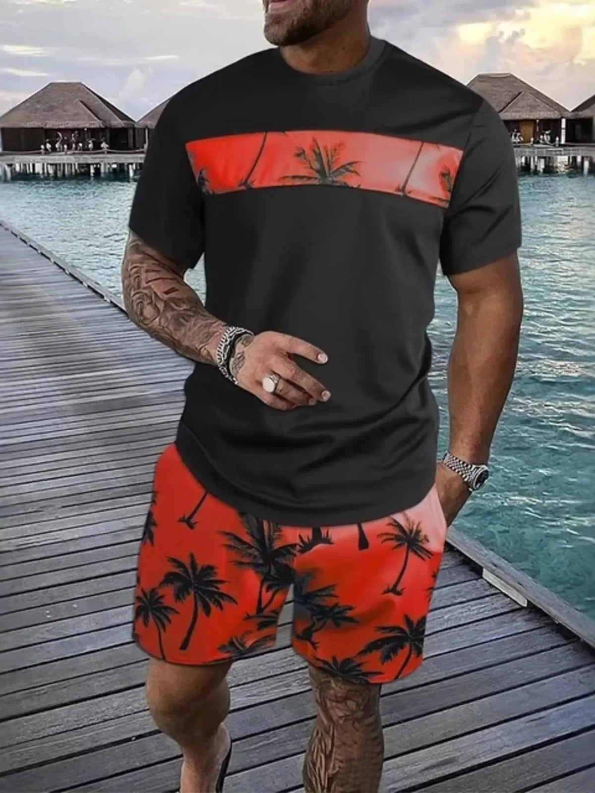 Men's Full Size Tropical Palm Tree Tee and Shorts Set Plus Size by Partner Label