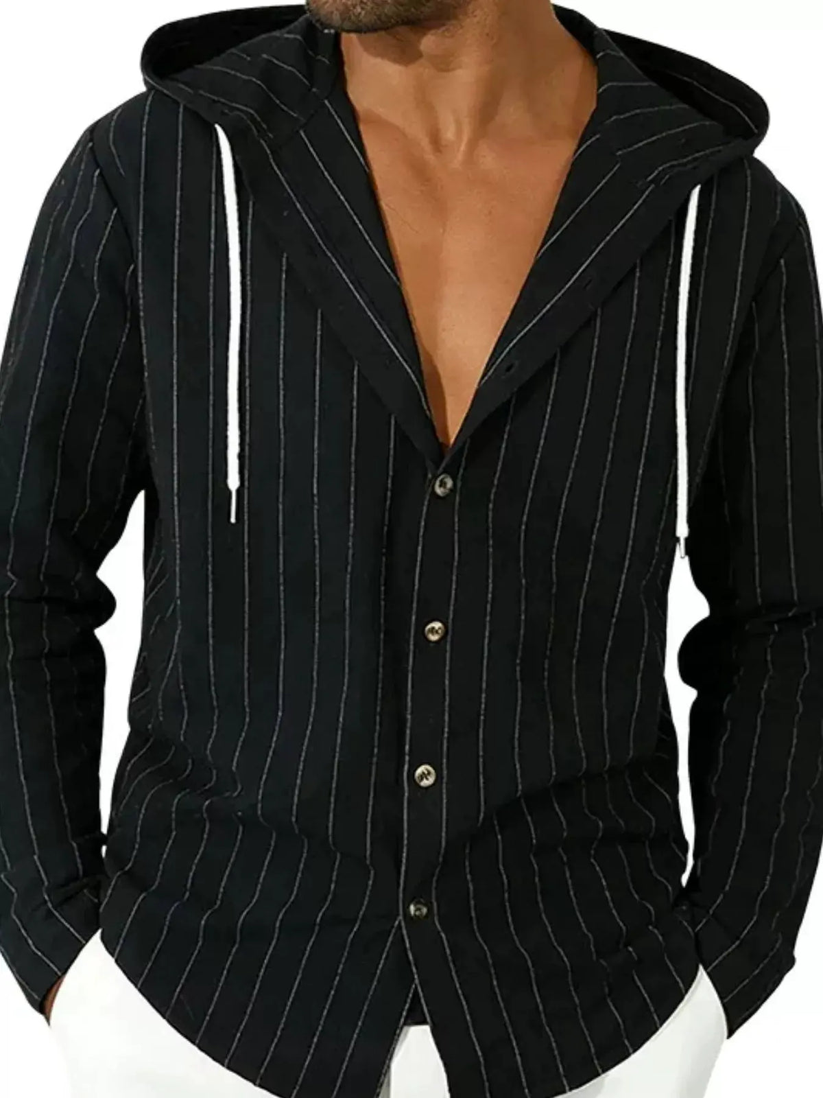 Men's Full Size Drawstring Hooded Button Up Shirt Plus Size by Trendsi