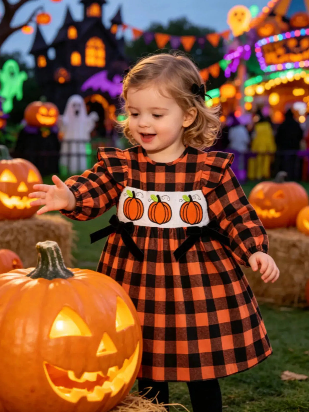 Children's Halloween Plaid Pumpkin Smocked Dress by Trendsi