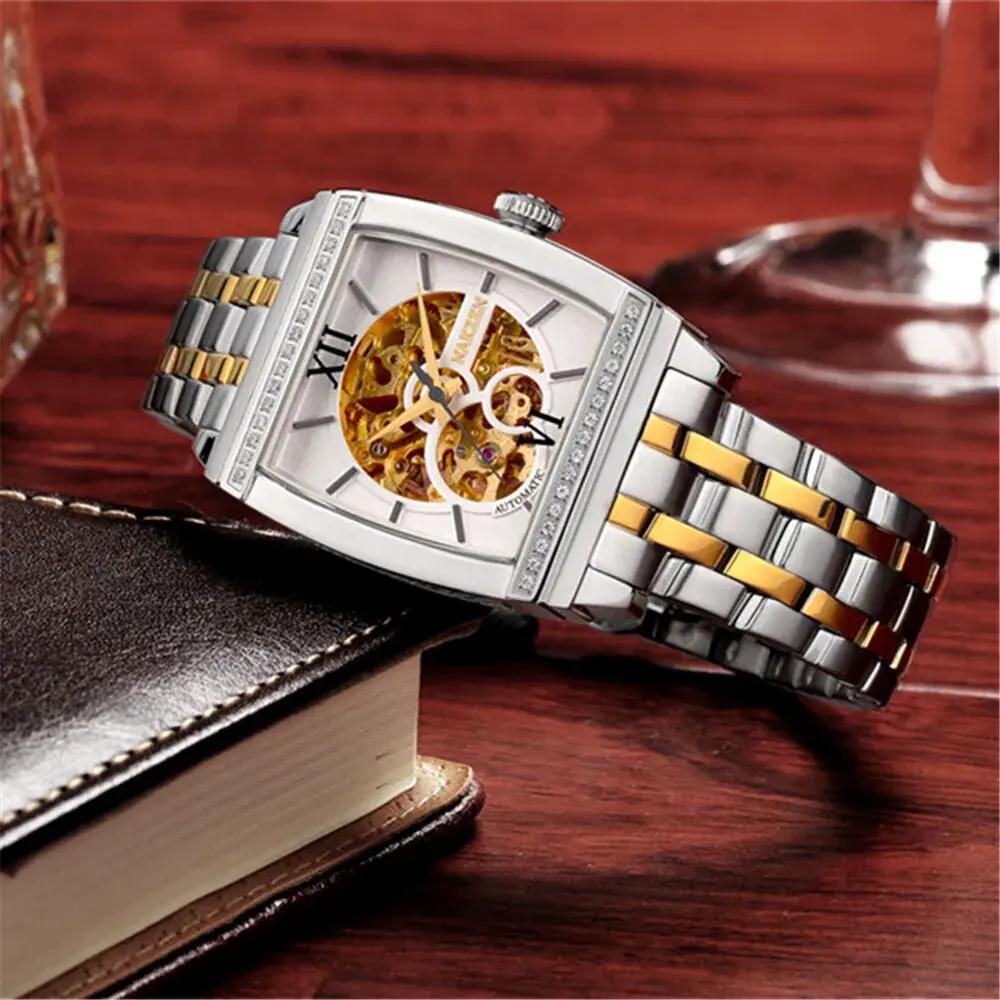 NAKZEN Rectangle Automatic Mechanical Men Watches Unique Design Tourbillon Skeleton Watch Luxury Valuable Male Clock Wrist Watch 6032 by MEGIR WATCH GROUP