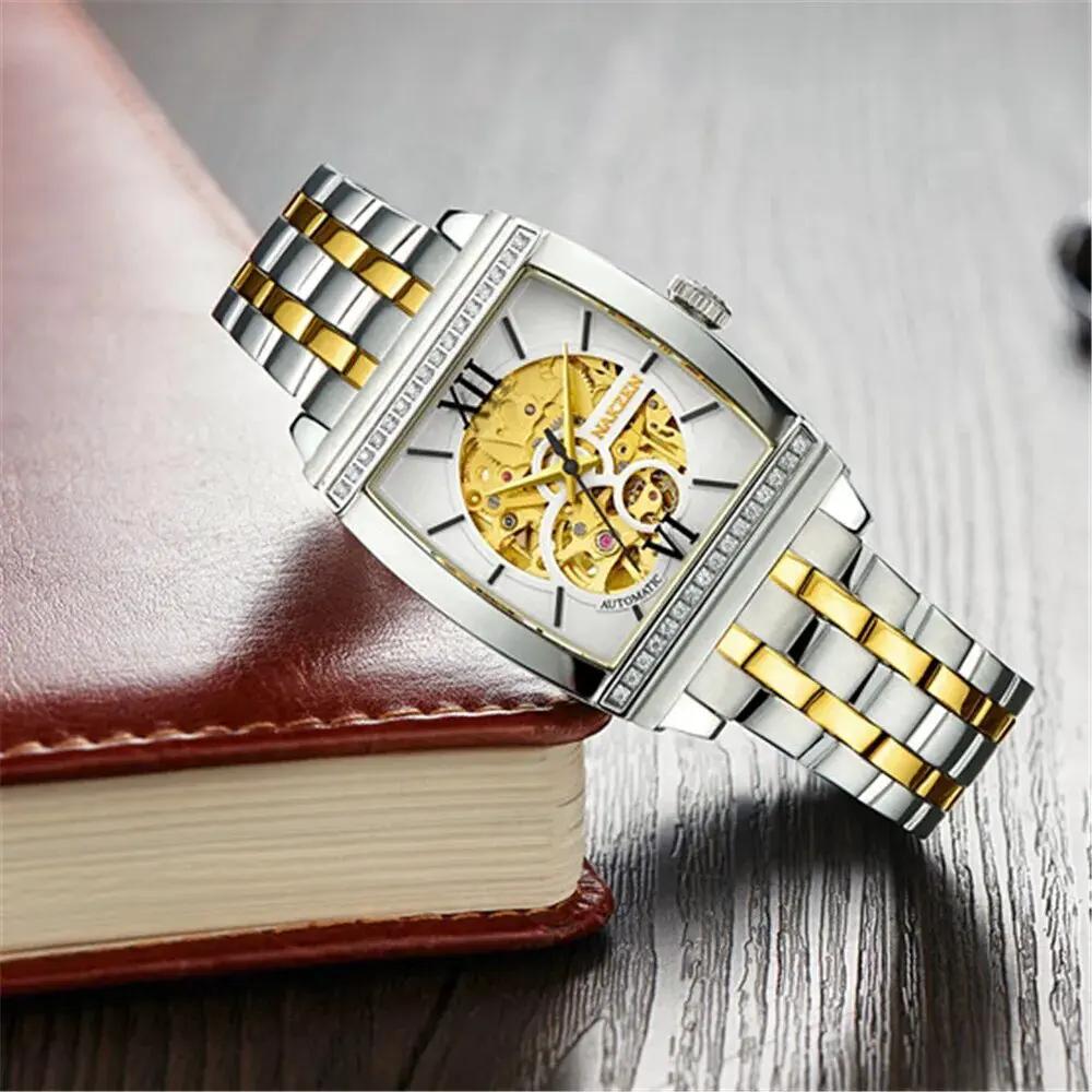 NAKZEN Rectangle Automatic Mechanical Men Watches Unique Design Tourbillon Skeleton Watch Luxury Valuable Male Clock Wrist Watch 6032 by MEGIR WATCH GROUP