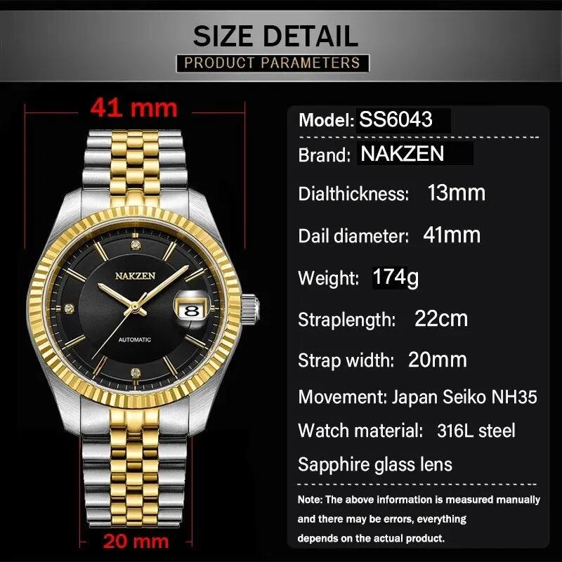 NAKZEN Watch Luxury Men Automatic Mechanical Tourbillon Clock Fashion Sapphire Glass Stainless Steel Waterproof Watches NH35 Mov 6043 by MEGIR WATCH GROUP