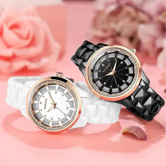 NAKZEN Design Quartz Ladies Watch High Quality Ceramic Bracelet White Watches Luxury Diamond Clock Gifts for Women Relojes De Mu 1025 by MEGIR WATCH GROUP