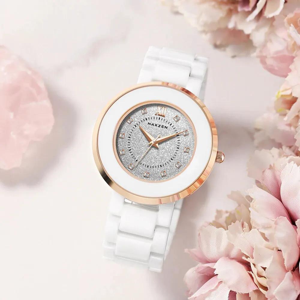 NAKZEN Women's Quartz Fashion Simple Ceramics Analogue Watch Ceramic Band 30M Waterproof Diamond Dress Watches relogio feminino 1017 by MEGIR WATCH GROUP
