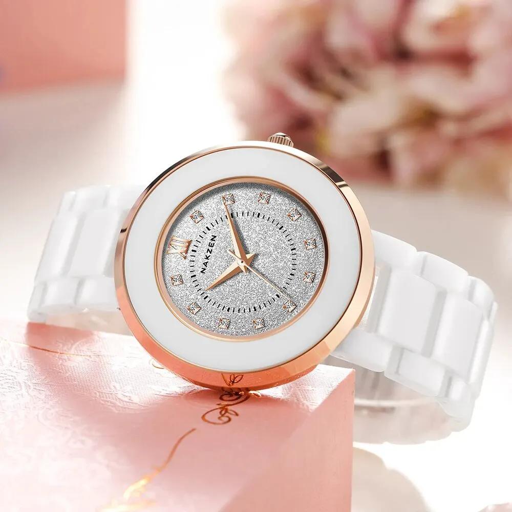 NAKZEN Women's Quartz Fashion Simple Ceramics Analogue Watch Ceramic Band 30M Waterproof Diamond Dress Watches relogio feminino 1017 by MEGIR WATCH GROUP