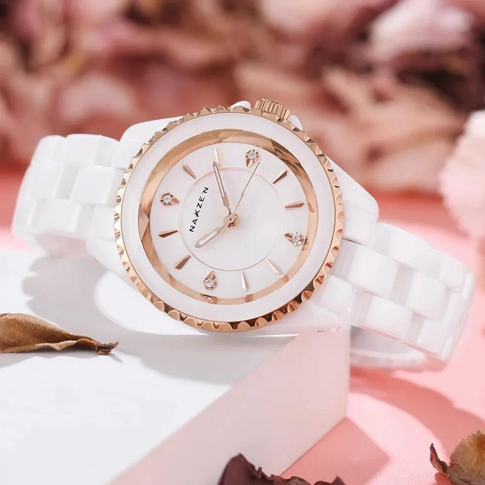 NAKZEN Ladies Ceramic Quartz Watch Women New Fashion Analog Waterproof Diamond Wristwatches For Gifts Clock Relojes Mujer 1012 by MEGIR WATCH GROUP
