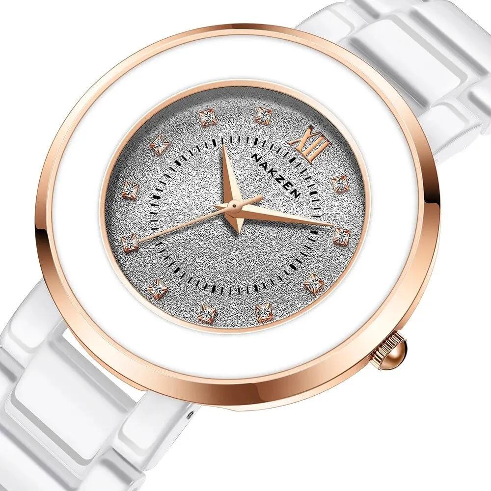 NAKZEN Women's Quartz Fashion Simple Ceramics Analogue Watch Ceramic Band 30M Waterproof Diamond Dress Watches relogio feminino 1017 by MEGIR WATCH GROUP