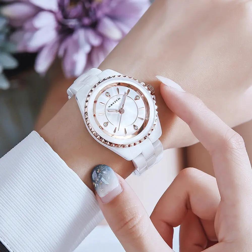 NAKZEN Ladies Ceramic Quartz Watch Women New Fashion Analog Waterproof Diamond Wristwatches For Gifts Clock Relojes Mujer 1012 by MEGIR WATCH GROUP