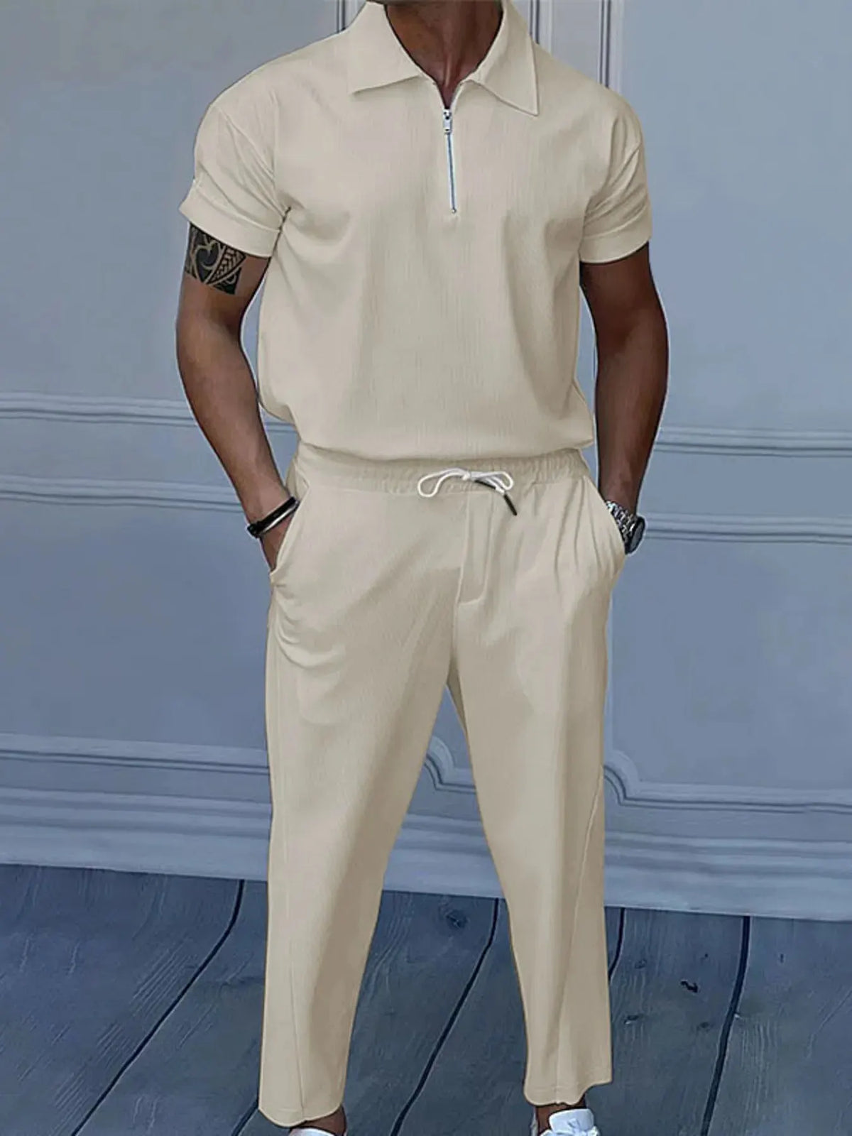 Men's Full Size Quarter Zip Short Sleeve Polo and Pants Set Plus Size by Trendsi