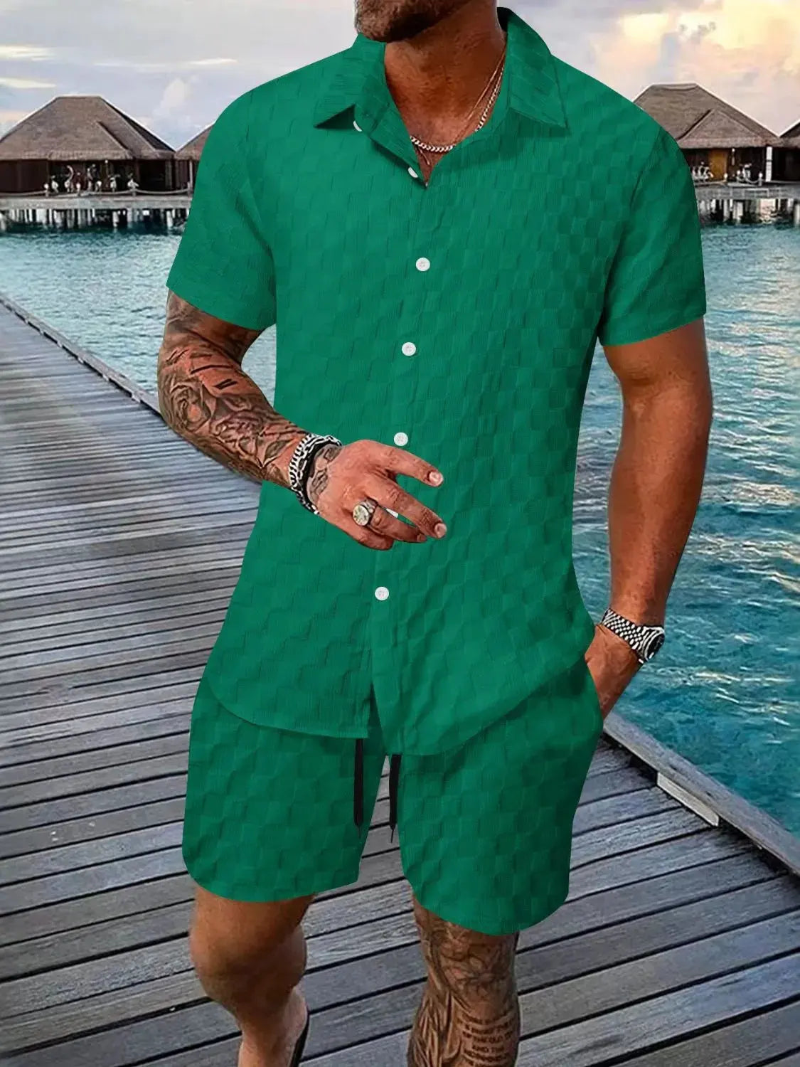 Men's Full Size Collared Neck Short Sleeve Top and Shorts Set Plus Size by Trendsi