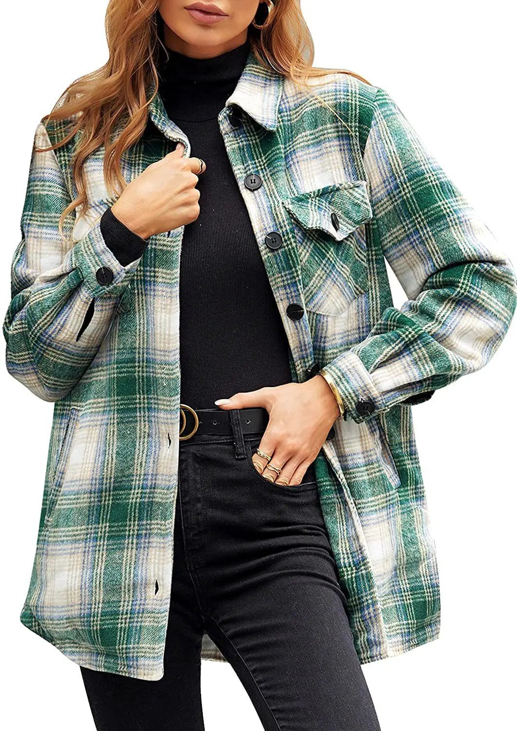 Women Oversized Check Button Shirt Jacket by Maiden-Art