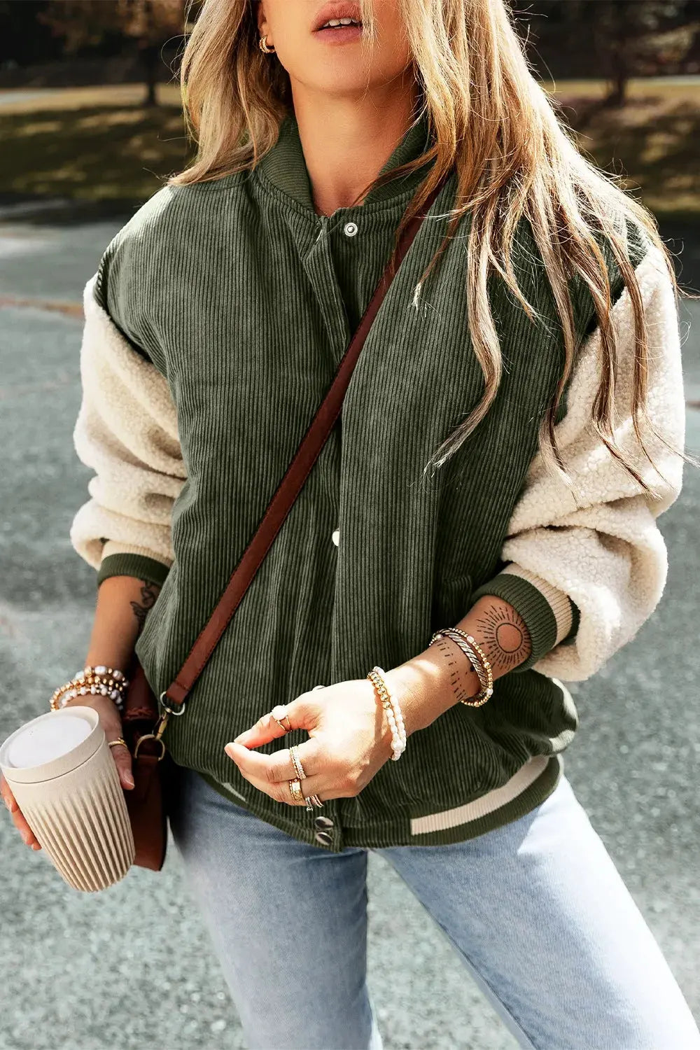 Contrast Baseball Collar Snap Down Long Sleeve Jacket by Partner Label