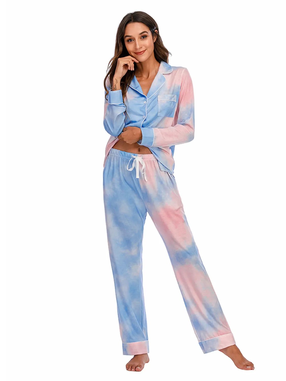 Collared Neck Long Sleeve Loungewear Set with Pockets by Partner Label