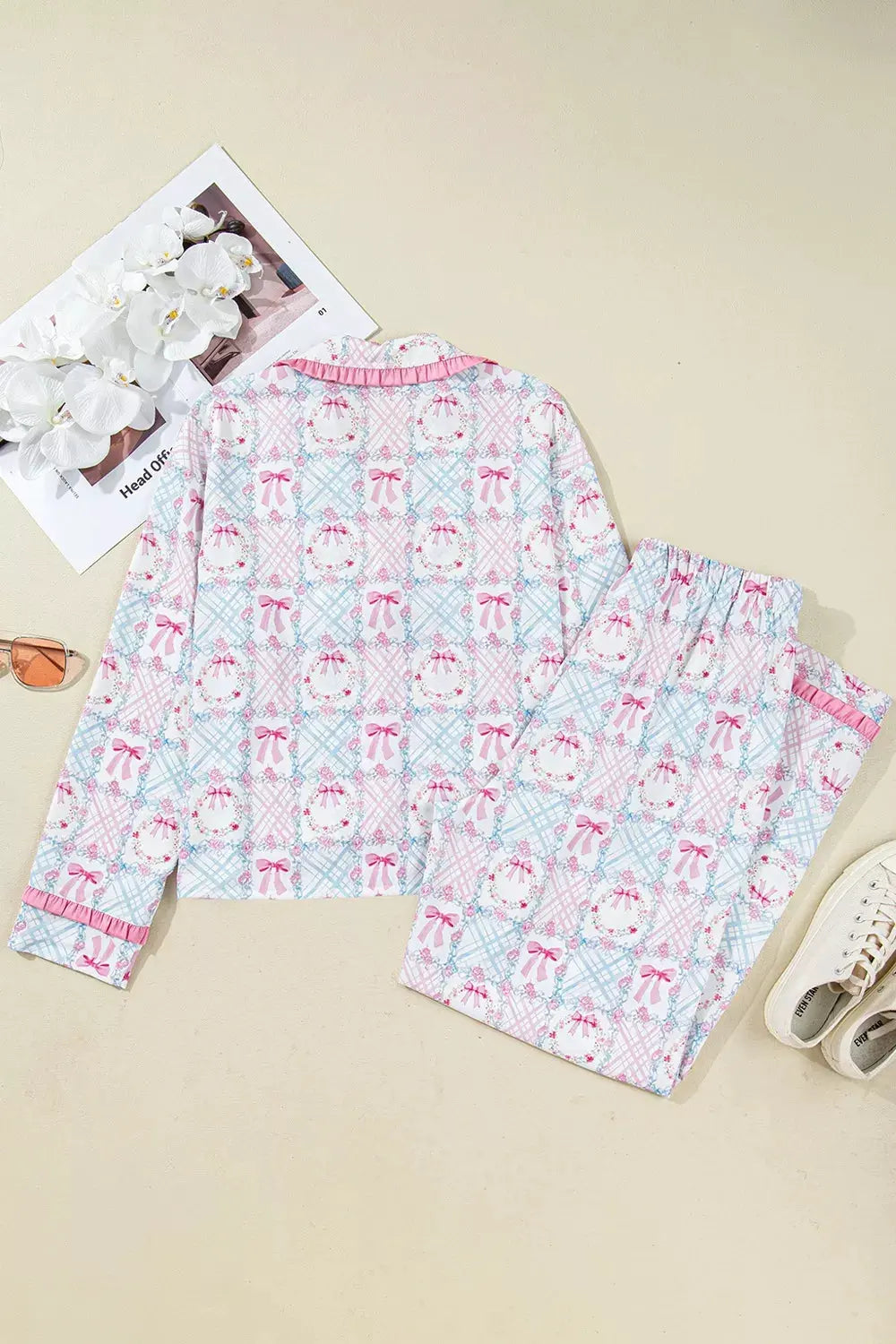 Wreath Pattern Christmas Tied Front Long Sleeve 2pcs Pajama Set by Partner Label