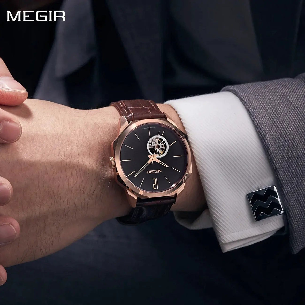 MEGIR Retro Men's Wristwatch Luxury Automatic Mechanical Watches Leather Strap Sapphire 5ATM Waterproof Watch Relogio Masculino 62073 by MEGIR WATCH GROUP