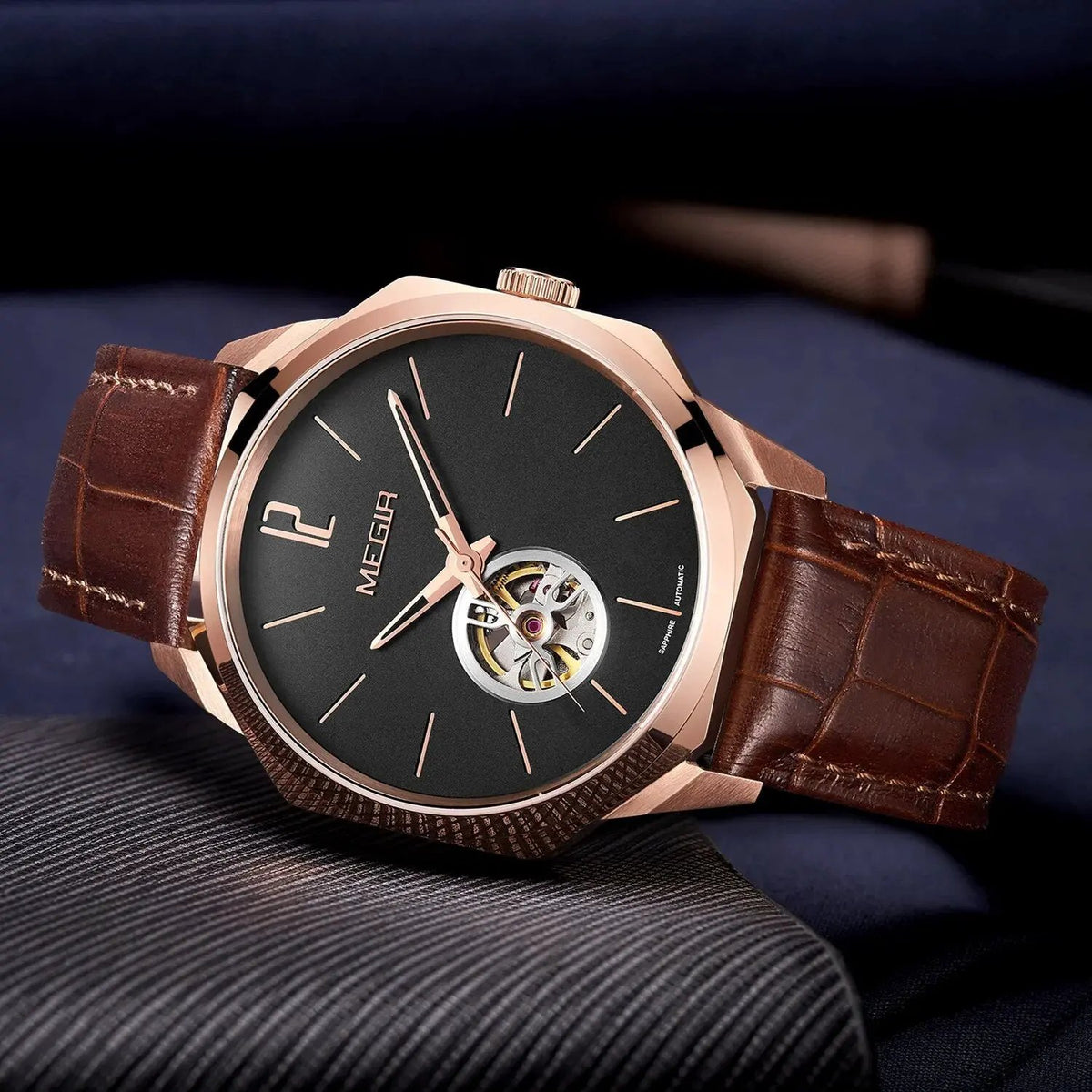 MEGIR Retro Men's Wristwatch Luxury Automatic Mechanical Watches Leather Strap Sapphire 5ATM Waterproof Watch Relogio Masculino 62073 by MEGIR WATCH GROUP