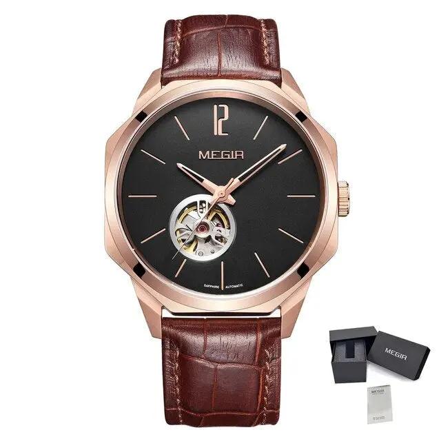 MEGIR Retro Men's Wristwatch Luxury Automatic Mechanical Watches Leather Strap Sapphire 5ATM Waterproof Watch Relogio Masculino 62073 by MEGIR WATCH GROUP