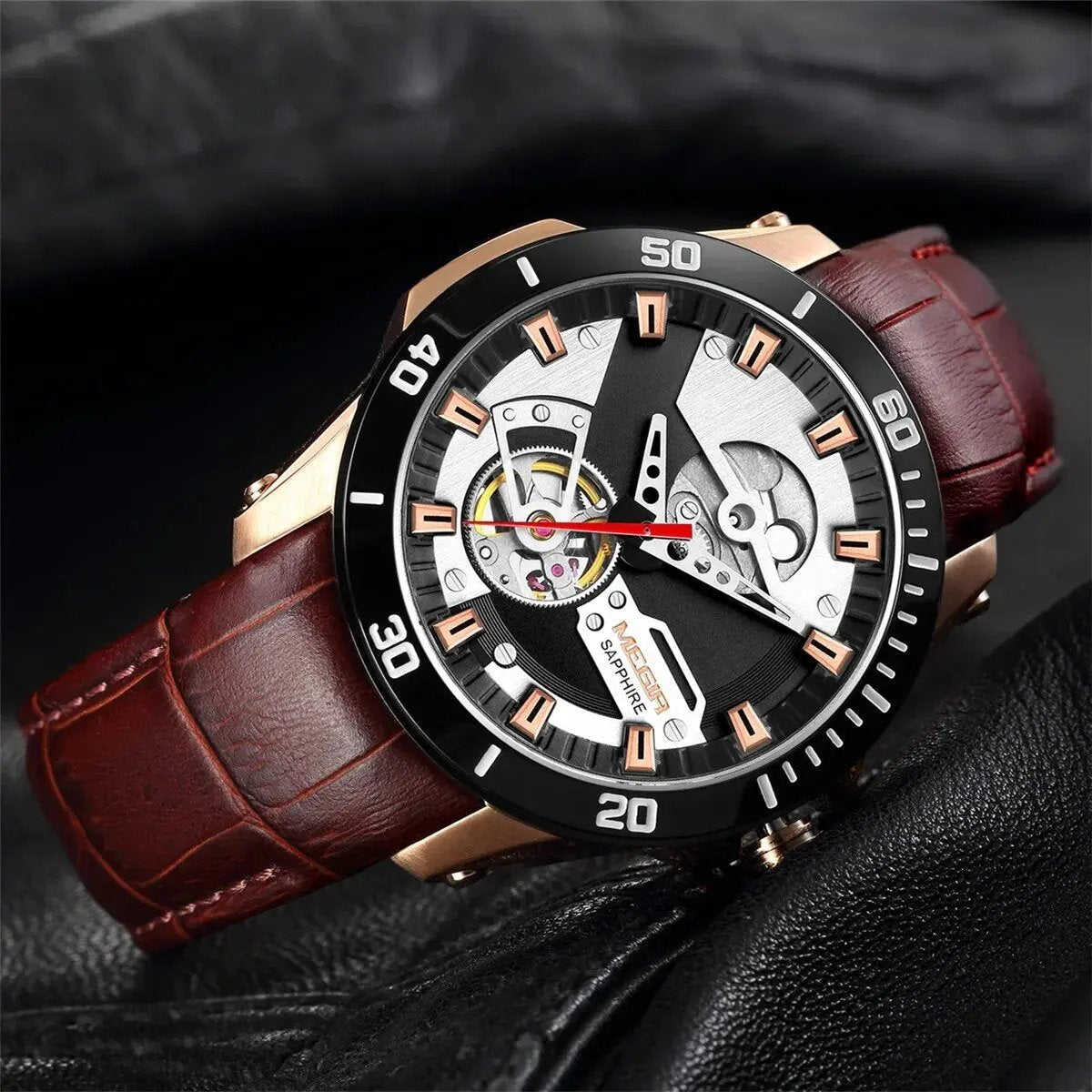 MEGIR Fashion Leather Watches for Men Sapphire Stainless Steel Automatic Mechanical Watch Sports Clock Montre Homme 62069 by MEGIR WATCH GROUP