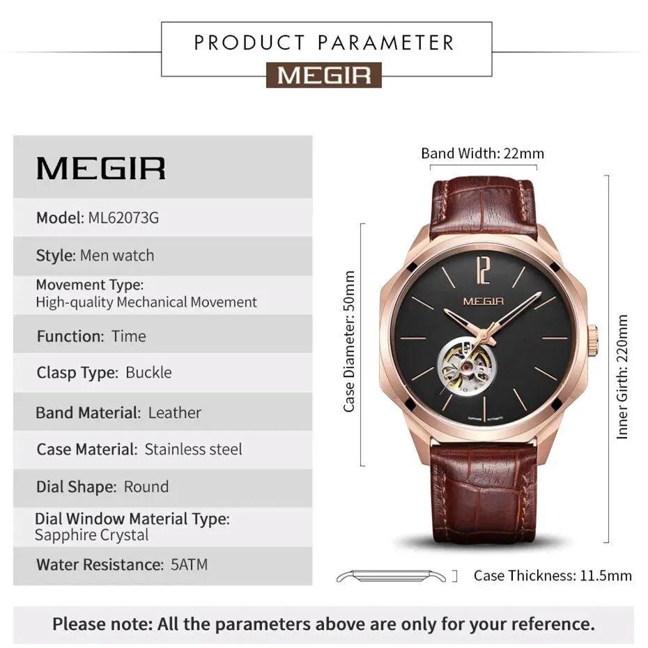 MEGIR Retro Men's Wristwatch Luxury Automatic Mechanical Watches Leather Strap Sapphire 5ATM Waterproof Watch Relogio Masculino 62073 by MEGIR WATCH GROUP