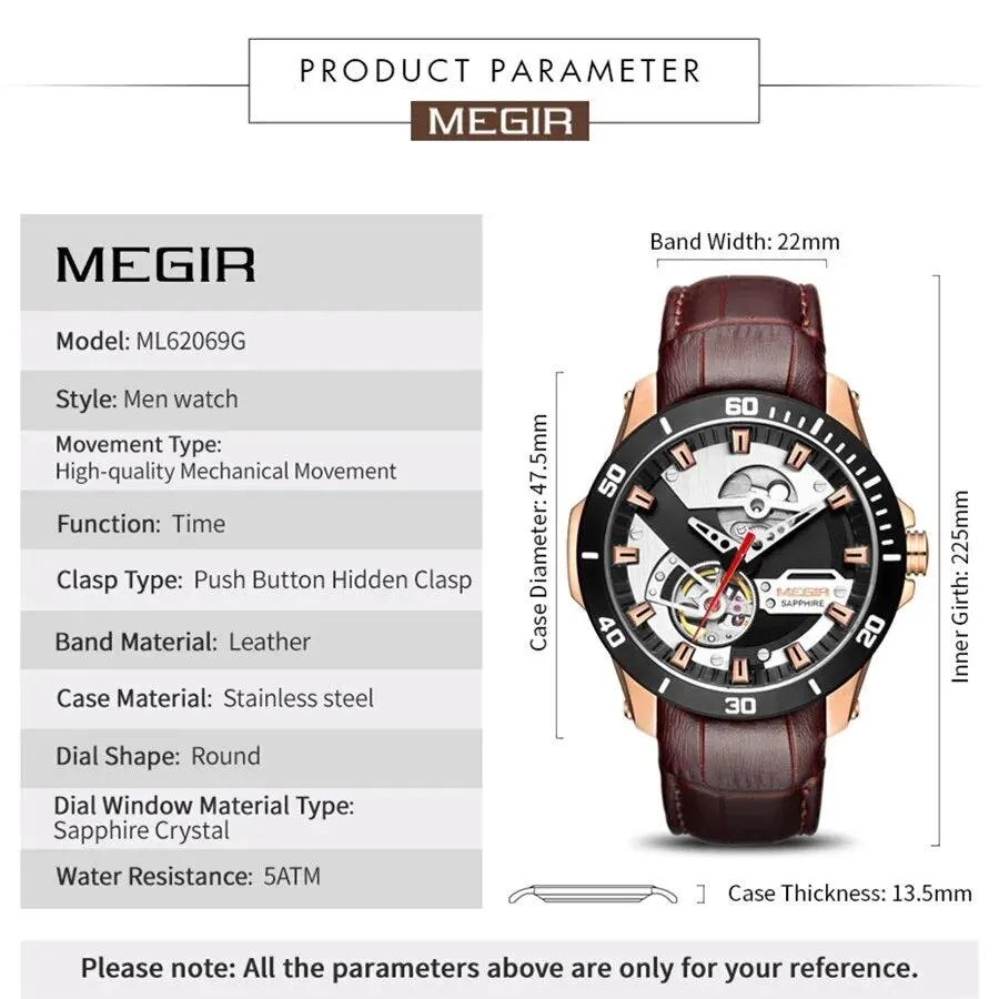 MEGIR Fashion Leather Watches for Men Sapphire Stainless Steel Automatic Mechanical Watch Sports Clock Montre Homme 62069 by MEGIR WATCH GROUP