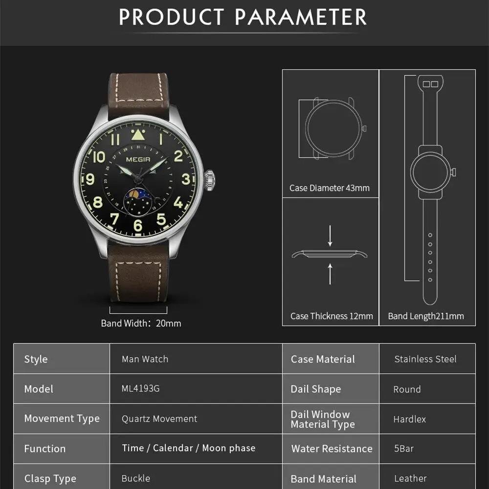 MEGIR Fashion Sport Quartz Watches Men Luxury Leather Business Casual Wristwatches Waterproof Date Clcok Moon Phase Reloj Hombre 4193 by MEGIR WATCH GROUP