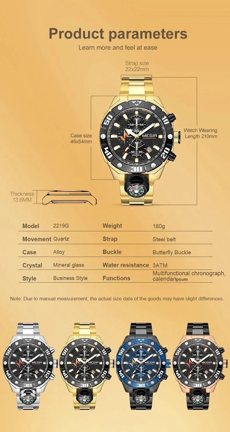 MEGIR Watch Top Brand Luxury Business Quartz Watches Chronograph Stainless Steel Calendar Luminous Clock WristWatch Montre Homme 2219 by MEGIR WATCH GROUP