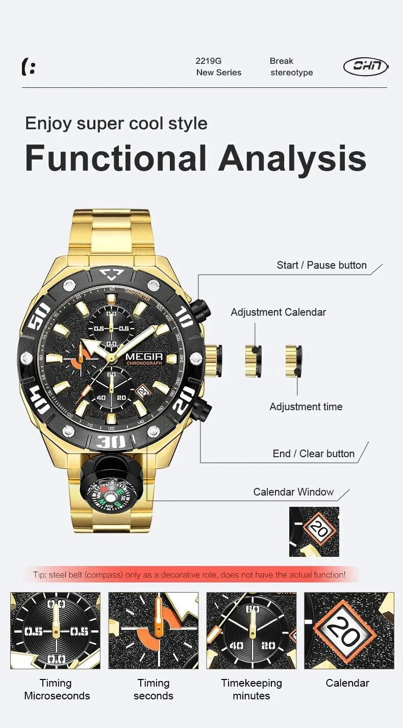 MEGIR Watch Top Brand Luxury Business Quartz Watches Chronograph Stainless Steel Calendar Luminous Clock WristWatch Montre Homme 2219 by MEGIR WATCH GROUP