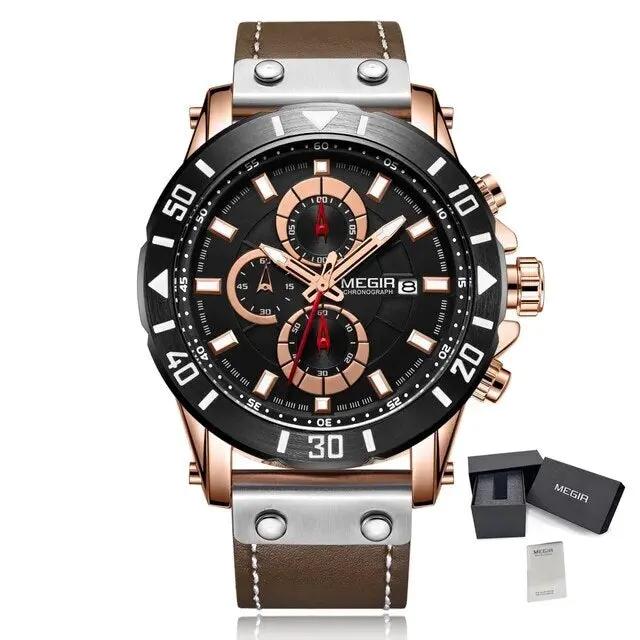 MEGIR Watch Men's Military Sport Wrist Watches Waterproof Leather Quartz Chronograph Calendar Luminous Clock Watch for Man 2081 by MEGIR WATCH GROUP