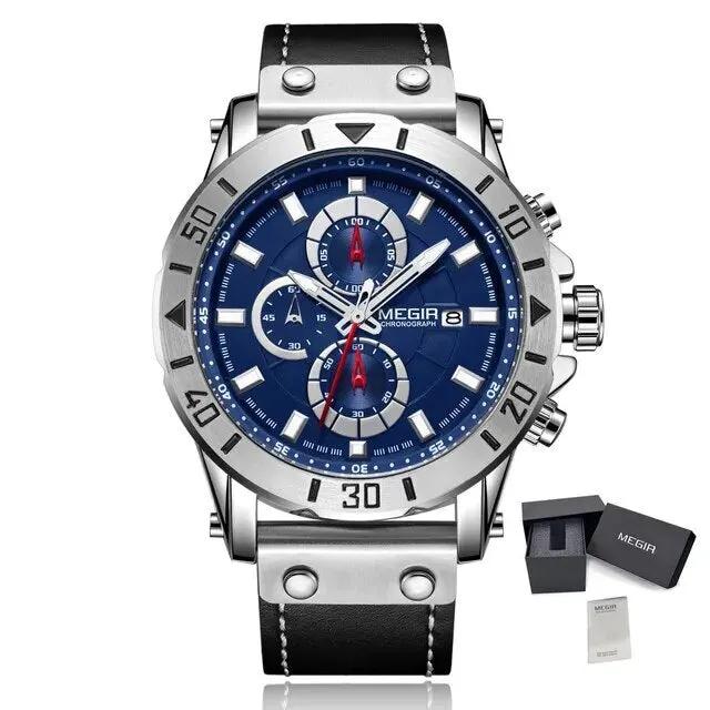 MEGIR Watch Men's Military Sport Wrist Watches Waterproof Leather Quartz Chronograph Calendar Luminous Clock Watch for Man 2081 by MEGIR WATCH GROUP
