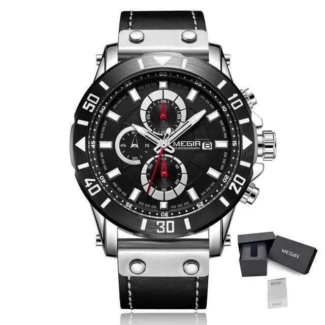 MEGIR Watch Men's Military Sport Wrist Watches Waterproof Leather Quartz Chronograph Calendar Luminous Clock Watch for Man 2081 by MEGIR WATCH GROUP