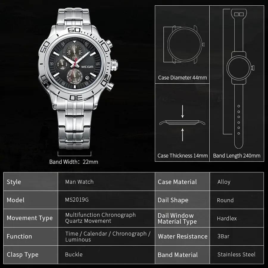MEGIR Luxury Business Watch for Men Fashion Casual Clock Stainless Steel Calendar Luminous Chronograph Quartz Sport WristWatches 2019 by MEGIR WATCH GROUP