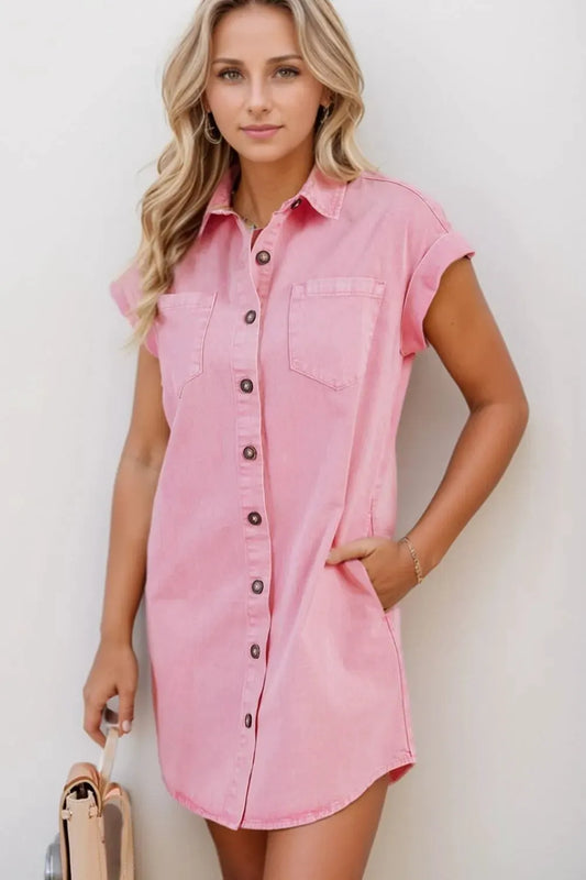 Button Down Short Sleeve Denim Dress by Partner Label