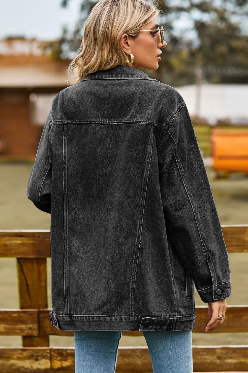 Buttoned Collared Neck Denim Jacket with Pockets by Partner Label