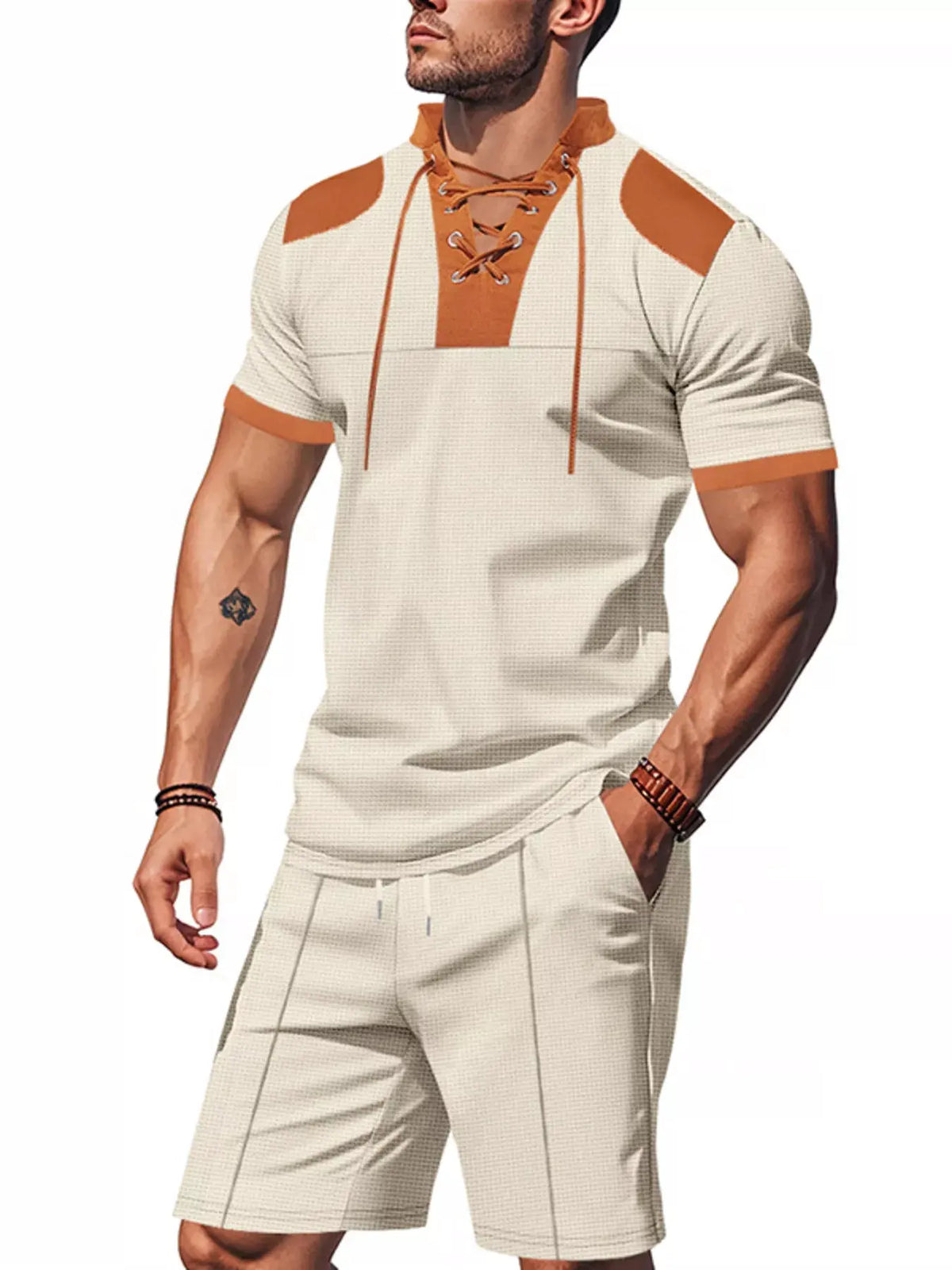 Men's Full Size Lace-Up Collar Casual Top and Shorts Set Plus Size by Trendsi