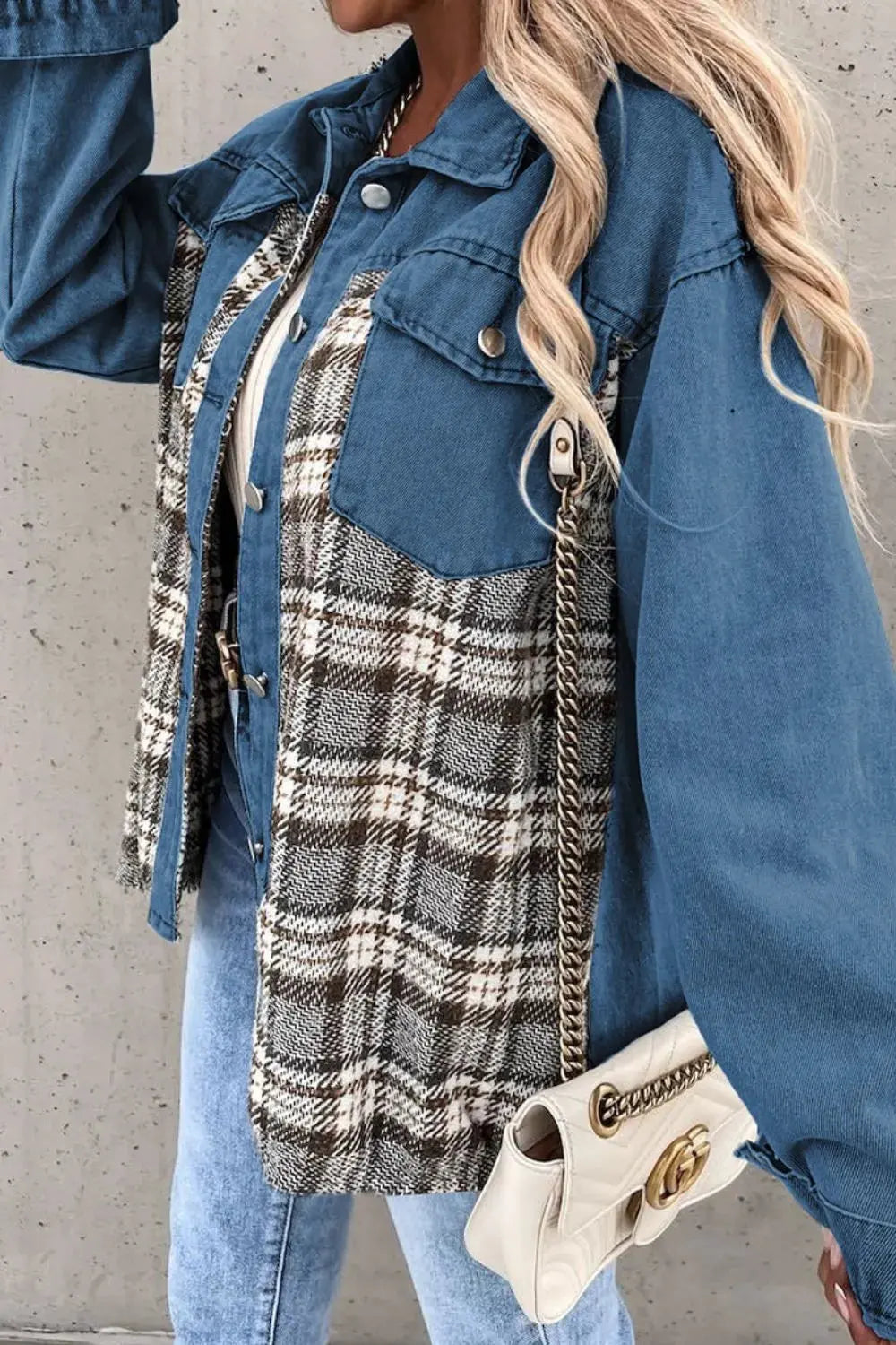 Plaid Pocketed Button Up Denim Jacket by Partner Label