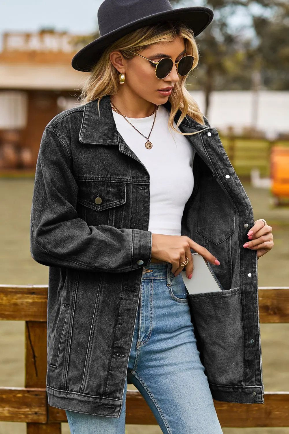Buttoned Collared Neck Denim Jacket with Pockets by Partner Label