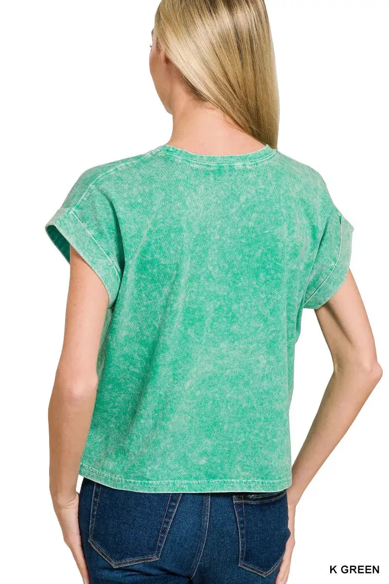 Zenana Halo Washed Cotton Cuffed Short Sleeve Top by Zenana