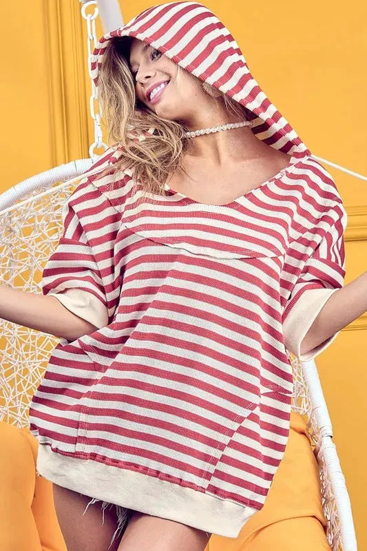 BiBi Stripe Fleece Notch Neck Short Sleeve Hoodie by BiBi