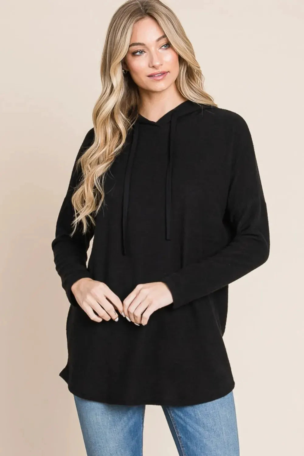 BOMBOM Contrast Drawstring Drop Shoulder Knit Hoodie by BOMBOM