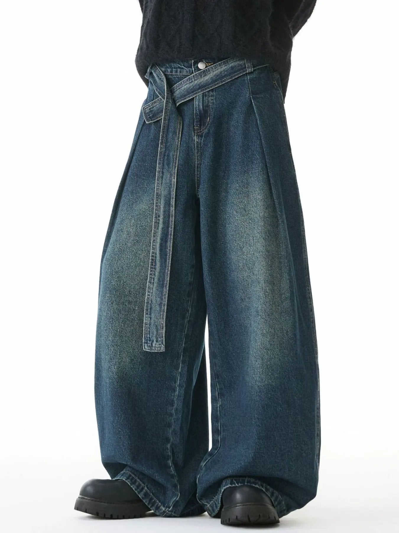 Men's Full Size Wash Belted Wide Leg Jeans Plus Size by Partner Label